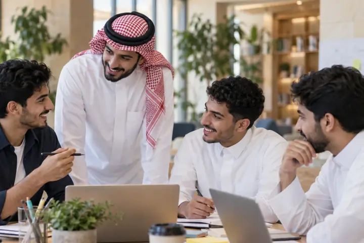 شباب يعملون معًا في مساحة تعلم — صورة من مكتبة نماء