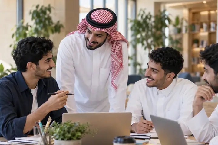 شباب يعملون معًا في مساحة تعلم — صورة من مكتبة نماء