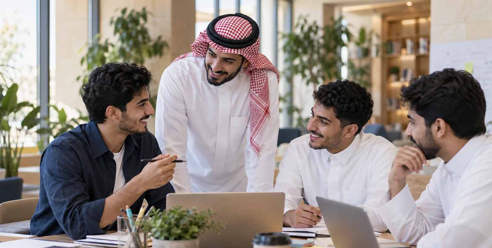 شباب يعملون معًا في مساحة تعلم — صورة من مكتبة نماء
