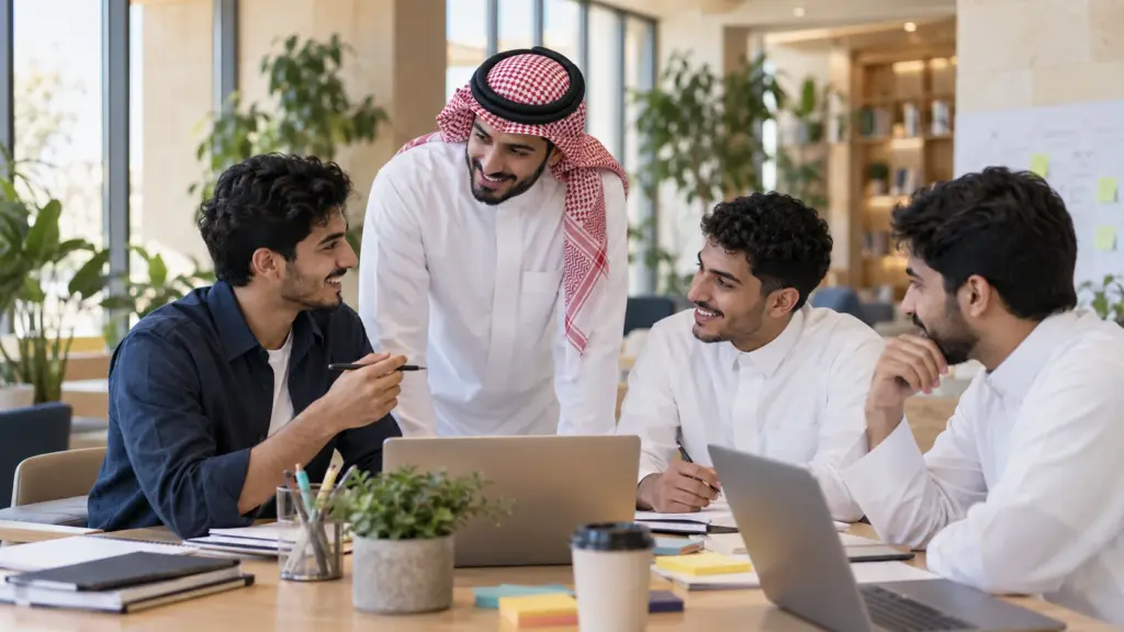 شباب يعملون معًا في مساحة تعلم — صورة من مكتبة نماء
