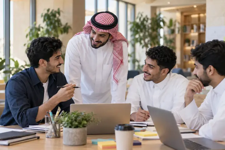 شباب يعملون معًا في مساحة تعلم — صورة من مكتبة نماء